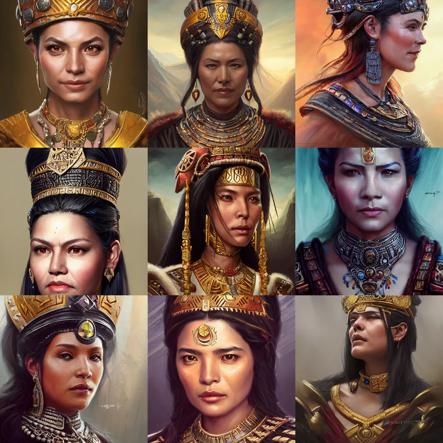 Image similar to incan empress, magaly solier, D&D, fantasy, portrait, highly detailed, digital painting, trending on artstation, concept art, sharp focus, illustration, art by artgerm and greg rutkowski and magali villeneuve