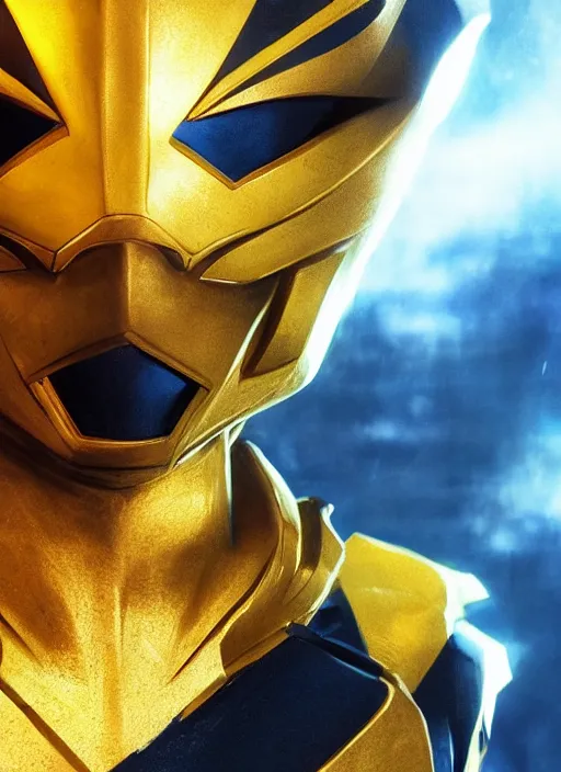 Image similar to bust, head and torso only, yellow ranger, trending on artstation, unreal engine, movie poster, fine detail, extremely detailed, sharp focus, smooth, digital illustration, by rossdraws, frank franzzeta, sakimichan, corrected hand, perfect hands, 4 k