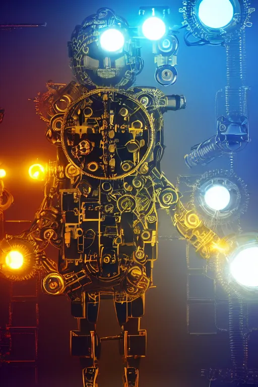 Prompt: portrait photo of a huge golden and blue metal humanoid steampunk robot businessman with gears and tubes, robot is sitting in an office, on the table is a pile dollarbudles, eyes are glowing red lightbulbs, shiny crisp finish, 3 d render, 8 k, insaneley detailed, fluorescent colors, background is multicolored lasershow