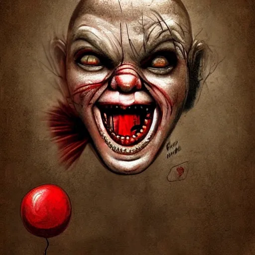 Image similar to surrealism grunge cartoon portrait sketch of chucky with a wide smile and a red balloon by - michael karcz, loony toons style, freddy krueger style, horror theme, detailed, elegant, intricate