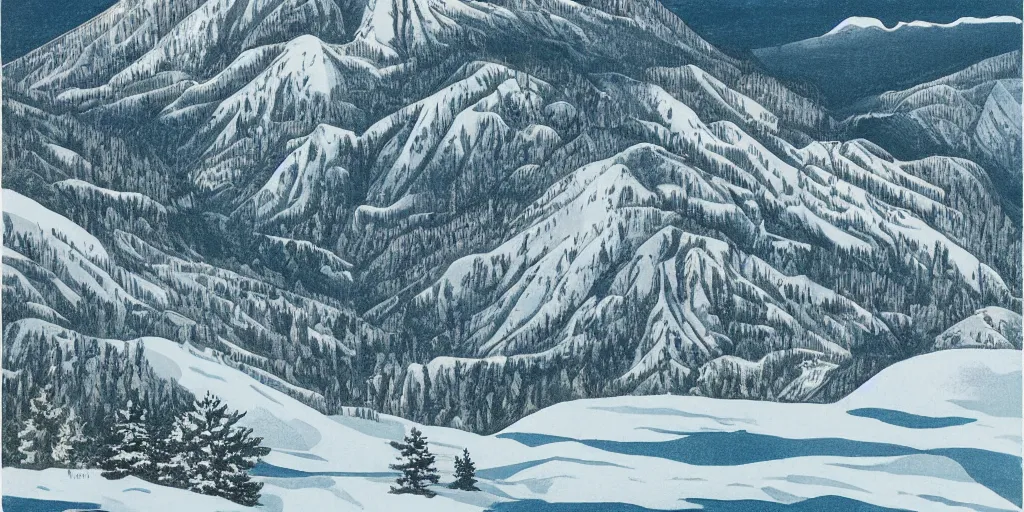 Image similar to beautiful idyllic poster illustration for a craggy snow valley national park, no trees, by ludwig hohlwein