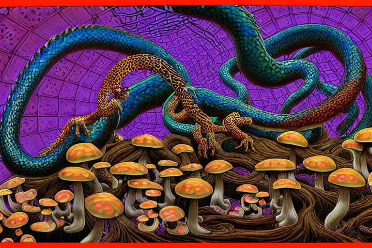 Image similar to a detailed digital art painting of a cyberpunk magick oni dragon with occult futuristic effigy of a beautiful field of mushrooms that is a adorable leopard atomic latent snakes in between ferret biomorphic molecular hallucinations in the style of escher, alex grey, stephen gammell inspired by realism, symbolism, magical realism and dark fantasy, crisp,