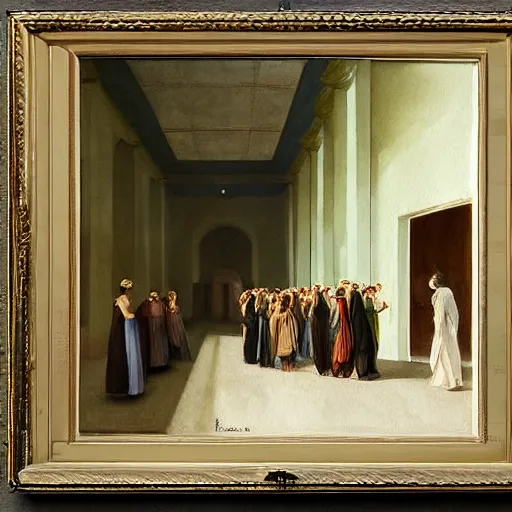 Image similar to a procession of women in an abandoned ivory and gold soviet temple, watercolor by ivan biblin, by hammershøi, art noveau, highly detailed, lights by edward hopper, liminal, eerie, bright pastel colors