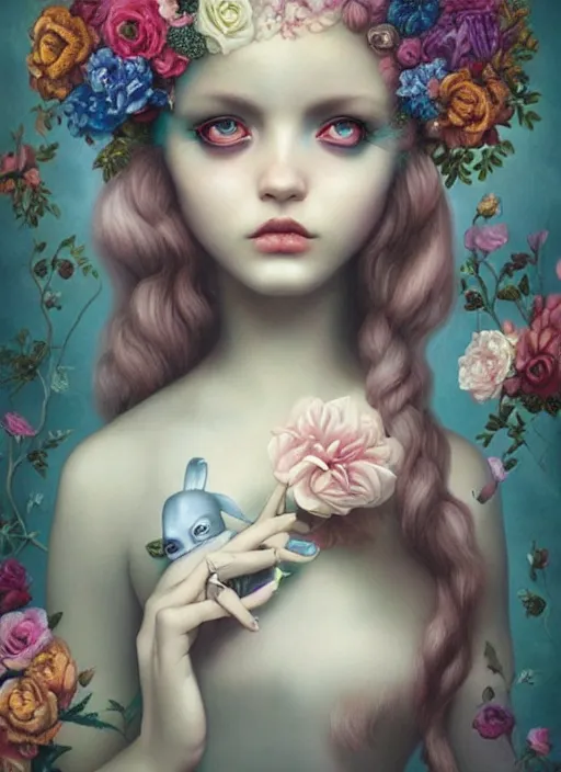 Image similar to pop surrealism, lowbrow art, realistic cute flowers painting, hyper realism, muted colours, rococo, natalie shau, loreta lux, tom bagshaw, mark ryden, trevor brown style,