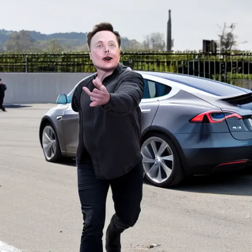 Image similar to elon musk about to get run over by a rogue tesla