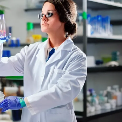 Prompt: image of a scientist drinking a bubbling concoction. she's swelling up with air and bursting out of her lab coat.