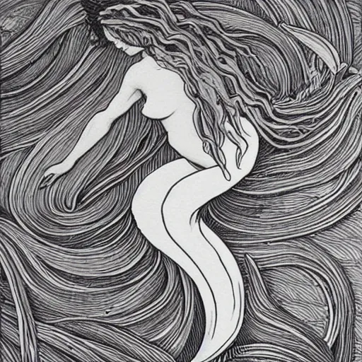 Prompt: detailed drawing of a two tailed mermaid on wood panel in the style of Audrey Kawasaki