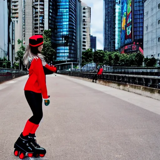 Image similar to Jet Set Radio, Teenage girl, French girl, black beret, black beret with a red star, black shirt with red star, black leather shorts, rollerblading, rollerskates, city on a hillside, colorful buildings, futuristic city