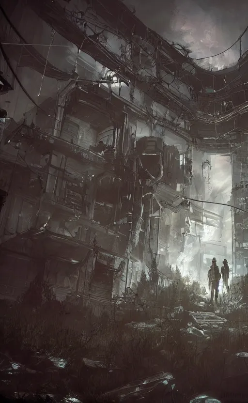 Image similar to the 100, soma game art style, nature, post apocalyptic, death, horror