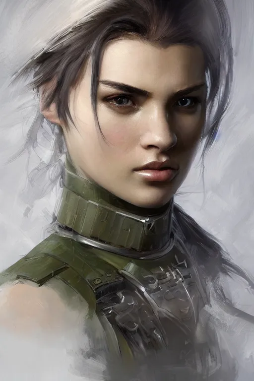Image similar to a professionally painted portrait of an attractive young woman, clothed in military armor, olive skin, long dark hair, beautiful bone structure, symmetrical facial features, intricate, elegant, digital painting, trending on Artstation, concept art, smooth, sharp focus, illustration, from Metal Gear by Ruan Jia and Mandy Jurgens and Artgerm and William-Adolphe Bouguerea, award winning