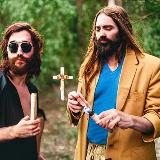 Image similar to jesus and satan smoking a bong together, award winning candid photography, cinematic