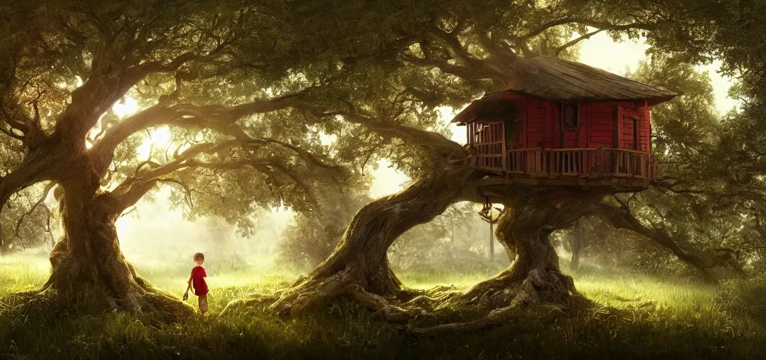 Image similar to Kid with red radioflyer standing in front of beautiful tree house in an old oak tree on a beautiful meadow with flowers, dramatic lighting, cinematic, establishing shot, extremly high detail, photo realistic, cinematic lighting, post processed, concept art, artstation, matte painting, style by eddie mendoza, raphael lacoste, alex ross