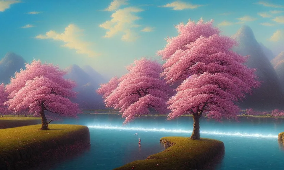 Prompt: a beautiful landscape matte painting of cherry trees with petals flying in the sky, beside a river, by christophe vacher