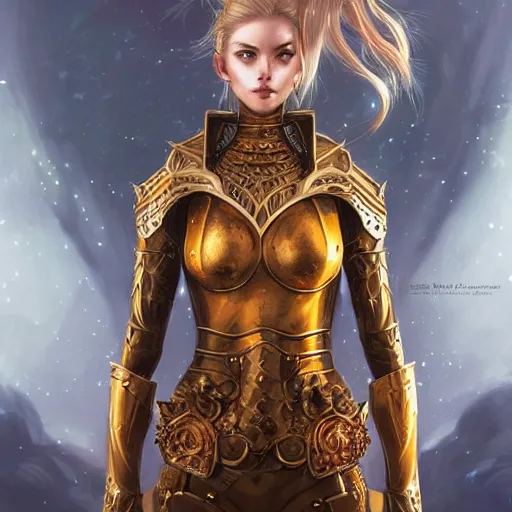 Image similar to portrait knights of Zodiac girl, golden and copper armor, sci-fi, fantasy, intricate, very very beautiful, elegant, highly detailed, digital painting, artstation, concept art, smooth, sharp focus, illustration, art by artgerm and WLOP and tian zi