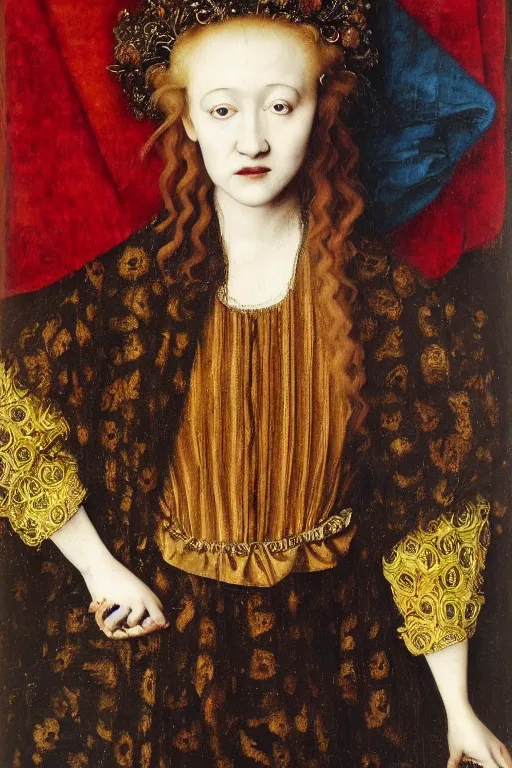 Image similar to portrait of julia garner as delirium of the endless, sandman, oil painting by jan van eyck, northern renaissance art, oil on canvas, wet - on - wet technique, realistic, expressive emotions, intricate textures, illusionistic detail