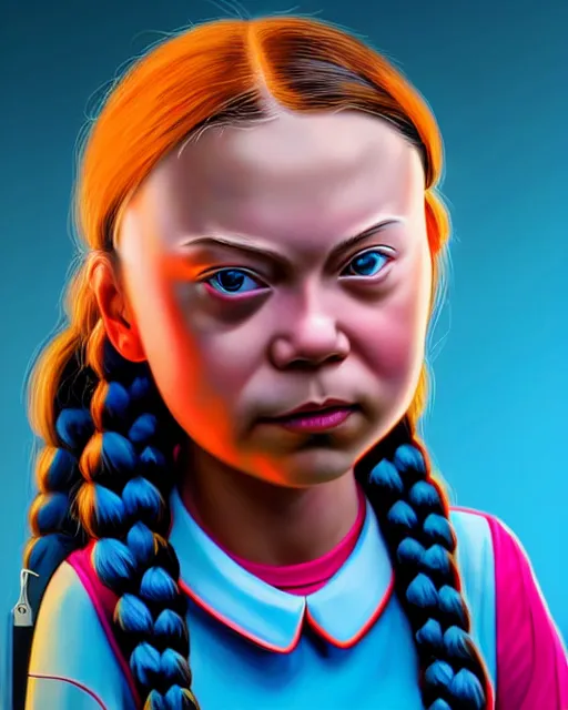 Image similar to closeup profile portrait of a tin toy greta thunberg as a schoolgirl, bikini, hyper realistic, artstation, illustration, salvidor dali, digital paint, matte paint, vivid colors, bright, cheerful, detailed and intricate anime school environment