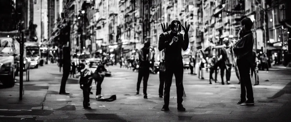 Image similar to super advanced alien doing facepalm when seeing human beings in the city, artistic photo, noir, monochrome, dark atmosphere, commercial photography, street photography, fine art, leica