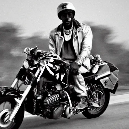 Prompt: photo of tupac shakur riding motorcycle