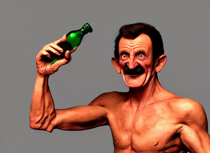 Image similar to barry chuckle chugging a bottle of snake oil, artwork by richard corben, 3 d, high resolution 8 k