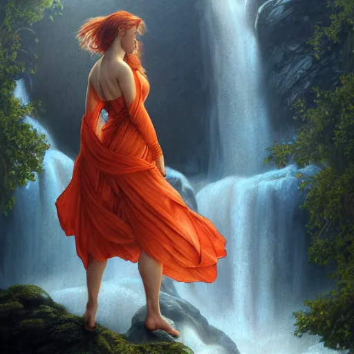 Image similar to a highly detailed byzantine painting of scarlett johansson and emma watson as red haired queens walking through a waterfall in a gossamer thin orange dress, epic fantasy, stormy night, viewed in profile from far away, ultrawide lens, art by artgerm and greg rutkowski and alphonse mucha, volumetric lighting, 4 k resolution, trending on artstation, masterpiece