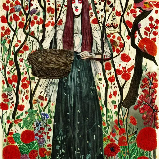 Prompt: In the art installation Vasilisa can be seen standing in the forest, surrounded by animals. She is holding a basket of flowers in one hand and a spindle in the other. Her face is turned towards the viewer, with a gentle expression. In the background, the forest is depicted as a dark and mysterious place. red by Richard Burlet, by Siya Oum decorative