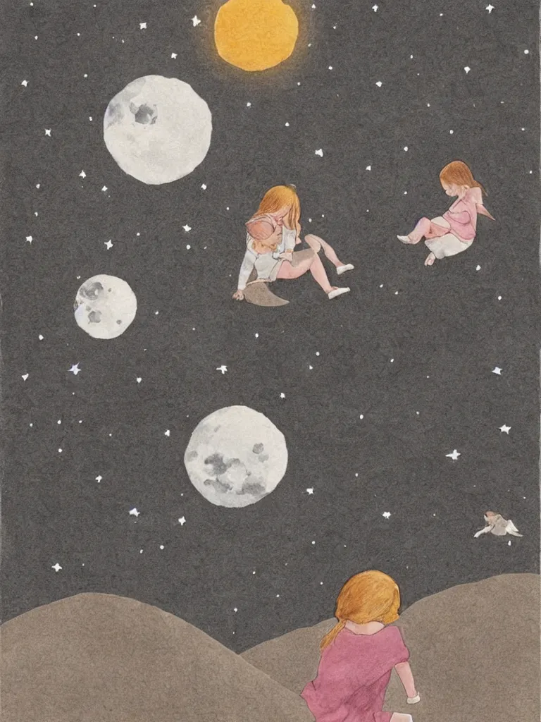 Prompt: sitting in the moon by storybook artists, blunt borders, rule of thirds, soft light, whimsical!!