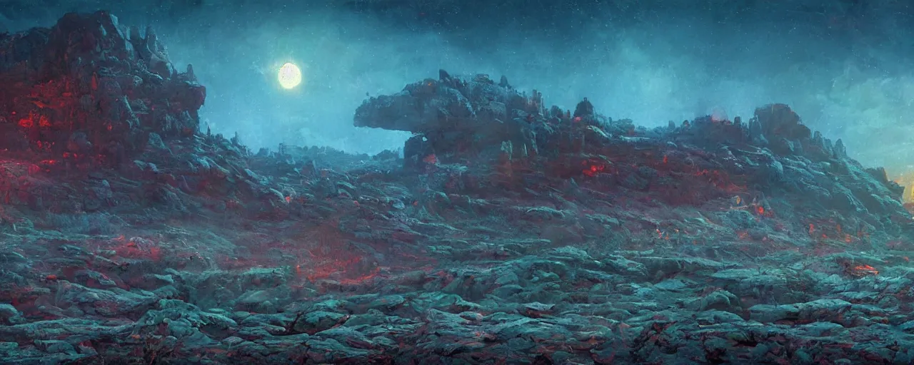 Image similar to ” barren rocky landscape at night, [ cinematic, detailed, epic, widescreen, opening, establishing, mattepainting, photorealistic, realistic textures, octane render, art by paul lehr ] ”