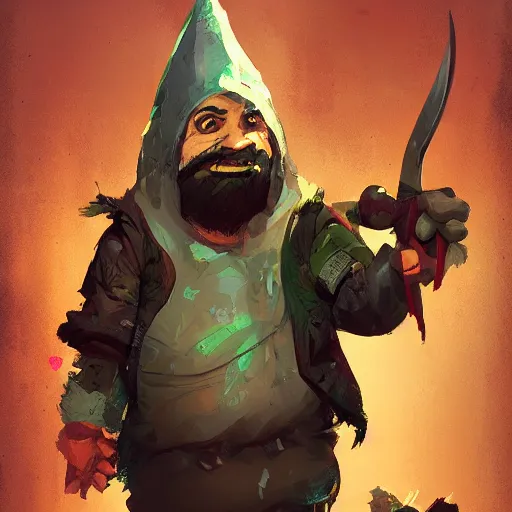 Image similar to deep gnome character portrait, by Ismail Inceoglu, shabby clothes, leather pouch, wielding knife, grinning, dungeons and dragons, digital art, character