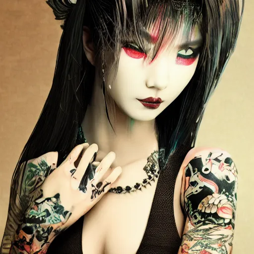 Image similar to japanese gothic model with maximalist hair style and kanji tattoos, dark colors, fashion model, portrait shot, depth of field, 8 k, hyper detailed, intricate, trending on artstation