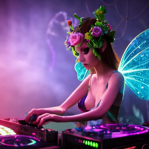 Prompt: beautiful fairy dj playing turntables in a rave party at a magical forest, concept style trending on artstation concept art detailed octane render cinematic photo - realistic 8 k high detailed