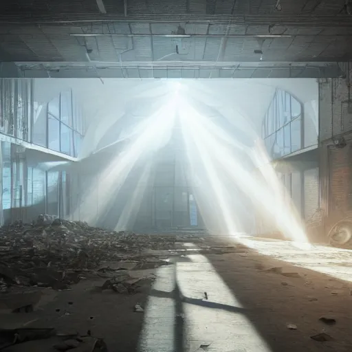 Prompt: abandoned industrial factory interior, volumetric light scattering, dustlight, god rays, dust, digital art, trending on artstation