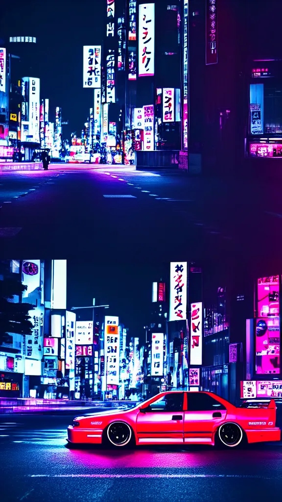 Image similar to a car drift spec JZX100 in middle of road, shibuya prefecture, city midnight neon lights, cinematic color, photorealistic, highly detailed