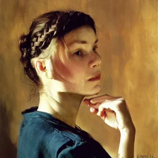 Prompt: a stunning masterful portrait of a confident woman with braided hair by andrew wyeth, john singer sargent, and norman rockwell, natural light, oil painting, ethereal, wong kar wai, strong brushwork
