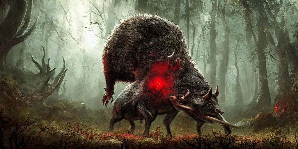 Image similar to giant monstrous wild boar with red eyes and many tusks, in dark woods, dim colors, forest, highly detailed illustration, masterpiece, fantasy, magical, hyperdetailed, realistic, witch fairytale, 4 k, 8 k, highly detailed matte painting, dungeons and dragons