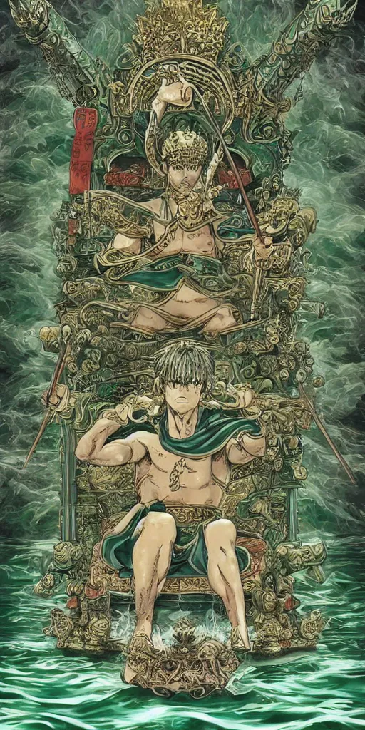 Image similar to a lone emperor sitting on a emerald throne floating on water in the middle of a lake drawn by Makoto Yukimura in the style of Vinland saga anime, full color, detailed, psychedelic, Authority, structure