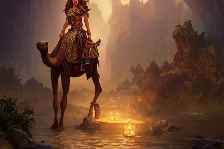 Image similar to camel temple, dark water, gemstones and treasures, deep focus, d & d, fantasy, intricate, elegant, highly detailed, digital painting, artstation, concept art, matte, sharp focus, illustration, hearthstone, art by artgerm and greg rutkowski and alphonse mucha