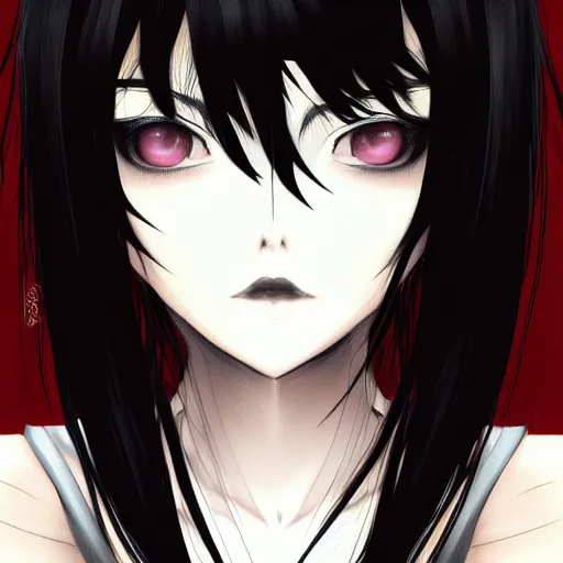 Image similar to front-facing headshot of a young gothic anime woman with black hair and golden highlights, wearing pretty makeup, drawn by WLOP, by Avetetsuya Studios, anime drawing, trending on artstation