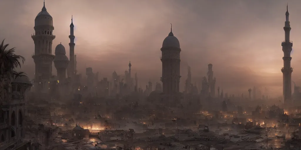 Image similar to Islamic city, beautiful dynamic lighting, cinematic, wide angle establishing shot, extremely high detail, photo realistic, cinematic lighting, post processed, concept art, artstation, matte painting, style by eddie mendoza, raphael lacoste, alex ross, volumetric lighting, light rays, photorealistic, ultrarealistic, moody, coronarender, 8k