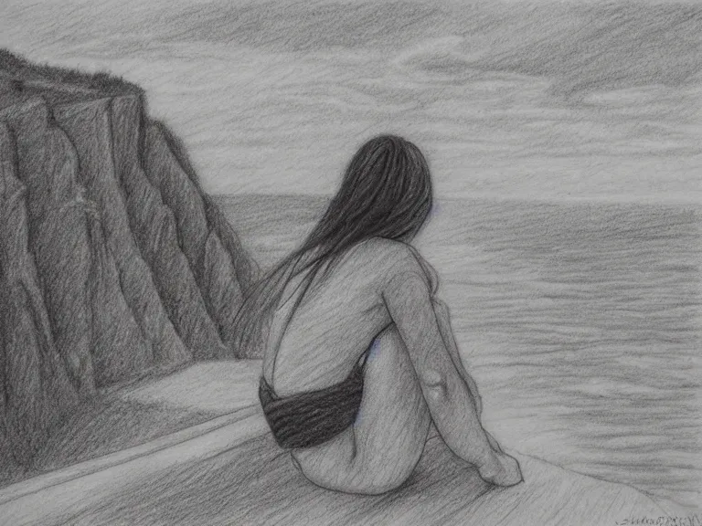 Image similar to a pencil drawing of a girl sitting on a cliff overlooking the beach by pen tacular