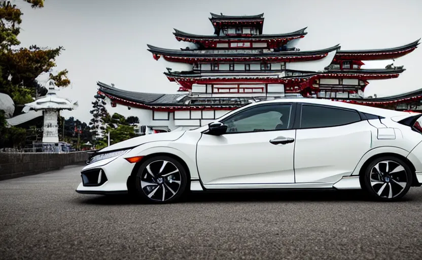 Prompt: honda civic, japanese religious temple, summer festival night, futuristic prototype car, without black rims, designed by polestar, elegant, intricate details, matte white paint, hard surfaces modelling, dramatic, ray tracing, realistic enviroment reflections, ultra realistic rendering, sharp focus