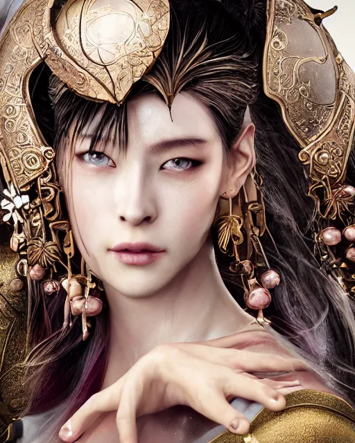 Image similar to fashion editorial of beauty charming woman as a warrior godly princess in feudal japan, clear makeup, clean hair, dry skin, clear skin, airbrushed, bright eye makeup, femine warrior body, photo by mario testino, 8k octane render, cinematic, hyper detailed, micro details, insanely detailed, trending on artstation, concept art, Peter Paul Rubens and Peter Mohrbacher style