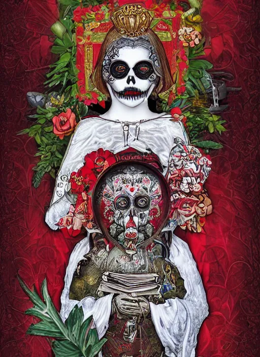 Image similar to masterpiece of Santa muerte with a book in her hand, her owl on her shoulder, and all around there are red and white flowers, guns and ammunitions offered by devotees + no crop, digital visionary art, extremely high detail, post processed,