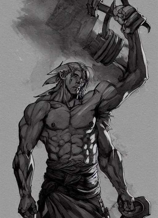 Image similar to Half body portrait of a handsome elven blacksmith, muscular body, blacksmith apron, working at the forge. In style of Yoji Shinkawa and Hyung-tae Kim, trending on ArtStation, dark fantasy, great composition, concept art, highly detailed, dynamic pose.