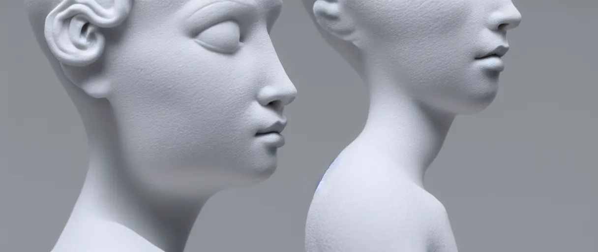 Prompt: symmetry!! full head and shoulders, beautiful female porcelain sculpture by daniel arsham and raoul marks, intricate, elegant, highly detailed, digital painting, artstation, concept art, smooth, sharp focus, all white features on a white background, delicate facial features