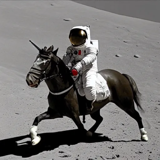 Prompt: an astronaut riding a horse with a unicorn on the moon, nasa image