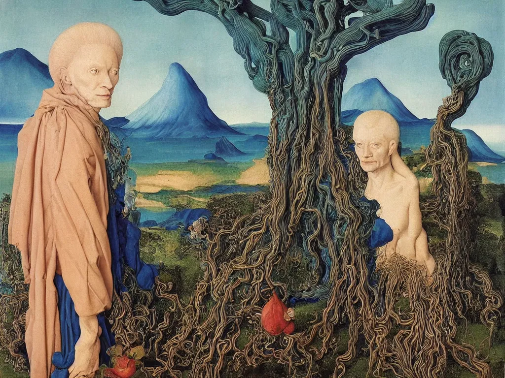 Image similar to Portrait of albino mystic with blue eyes, with exotic beautiful orchid medusae. Landscape with tsunami, giant wave. Painting by Jan van Eyck, Audubon, Rene Magritte, Agnes Pelton, Max Ernst, Walton Ford