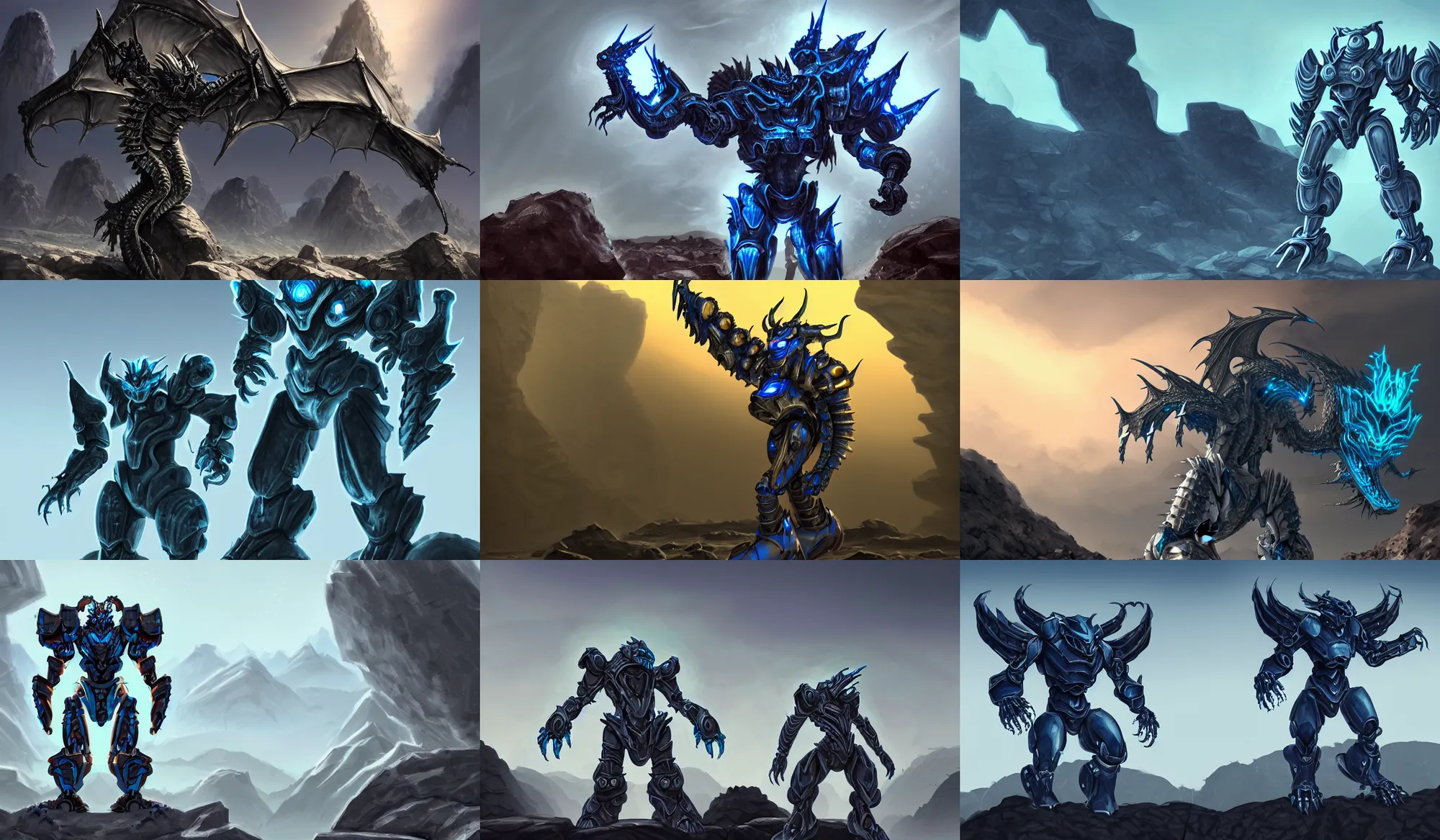 Prompt: Biomechanical dragon power armor standing in a rock quarry, high contrast, magic hour photography, good value control, rule of thirds, centered, science fiction, silver and blue color schemes, rubber suit, glowing eyes, high quality, 4k, matte painting, very detailed, concept art, illustration, League of Legends Character Splash Art