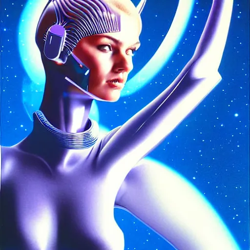 Image similar to futuristic space woman, blue sky art by peter lloyd, 1 9 8 0's art, airbrush style, art by hajime sorayama,, intricate, elegant, sharp focus, illustration, highly detailed, concept art, matte, sharp focus, illustration, highly detailed, 6 4 0