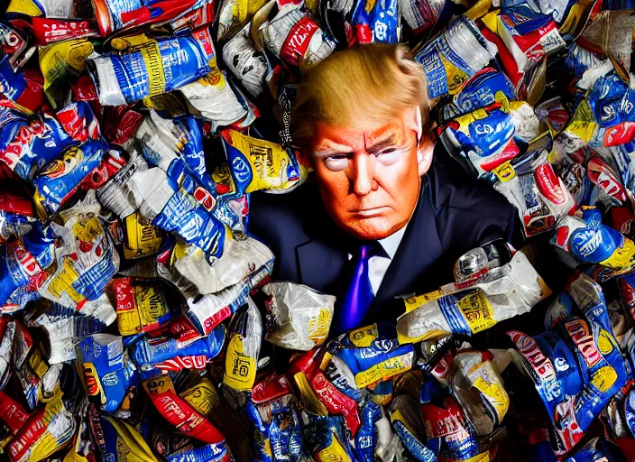 Prompt: portrait photo of donald trump sitting next to a table covered in mcdonald's wrappers and diet coke cans, studio lighting, key light, 8 k, 8 5 mm f 1. 8