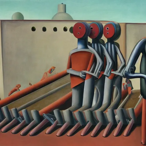 Image similar to drab human slaves on a conveyor belt, giant steel teeth, guarded by fascist robot overlords, brutalist facility, dystopian, pj crook, edward hopper, oil on canvas